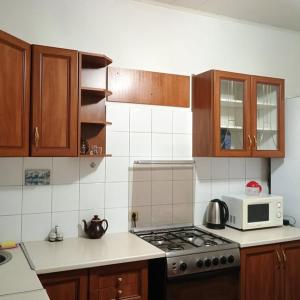 a kitchen with a stove and a microwave at Центр города 2 кв Набережная in Dnipro