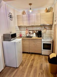 a kitchen with white appliances and wooden floors at Ultracentral Apartment 2 in Braşov +9 photos