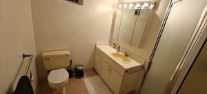 une salle de bain avec toilettes, lavabo et miroir dans l'établissement Spacious Family Room with Shared Washroom, à Vancouver 3 autres photos