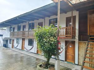 a building with a tree in front of it at El Colibrí in Puyo