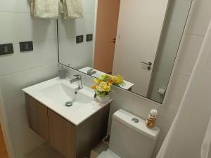 ein Badezimmer mit Waschbecken, Toilette und Spiegel in der Unterkunft Casa Boutique, Lujo, Seguridad y Privacidad Total in Coquimbo + 56 Fotos
