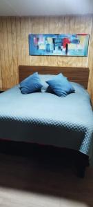 - un lit avec des oreillers bleus dans une chambre dans l'établissement Cabañas La Patagona y el Chilote, à Llau-Llao