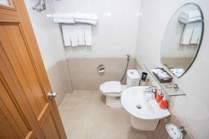 a bathroom with a toilet and a sink and a mirror at CHERRY HOTEL in Da Lat