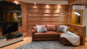 a living room with a couch and a television at Lakeside Hideaway in Rovaniemi