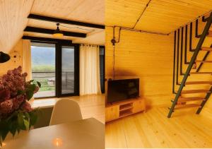 卡兹贝吉Misty Valley的一间带楼梯的客厅和一间带电视的客房。