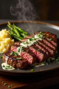 Un plato de comida con bistec, puré de papas y brócoli. en Light Vesper Premium Hotel & Sky Bar, en Ho Chi Minh