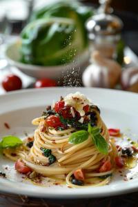 un plato de pasta con albahaca en una mesa en Light Vesper Premium Hotel & Sky Bar, en Ho Chi Minh