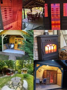 a collage of pictures of a wood stove at Kispatak Erdei Ház in Verőce