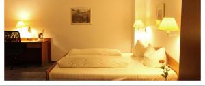 a hotel room with a bed and a desk at Hotel "Die Kupferpfanne" in Donaustauf +6 photos