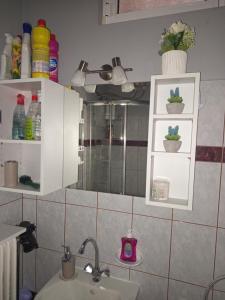 a kitchen with a sink and a mirror at Alexandra's Studio pyli in Pýli +6 photos