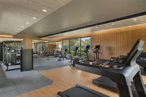 a gym with treadmills and elliptical machines at Hilton Hyderabad Genome Valley Resort & Spa in Hyderabad