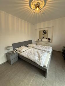 una camera da letto con un letto grande con un lampadario di Fe-Wo B6 1 a Kenn