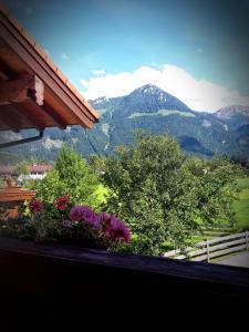 einen Blick auf einen Berg aus einem Fenster mit Blumen in der Unterkunft Ferienwohnung Höfler in Schönau am Königssee