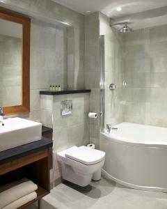 La salle de bains est pourvue de toilettes, d'une baignoire et d'un lavabo. dans l'établissement Clody Lodge, à Bunclody