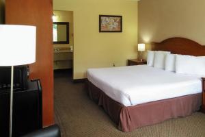 a hotel room with a large bed and a lamp at Econo Lodge Ormond Beach North - Daytona in Ormond Beach