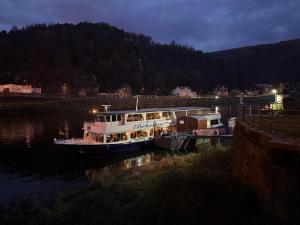 a boat is docked in the water at night at Podzámčí - útulný byt na nábřeží pod zámkem in Děčín