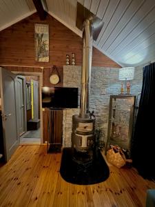 - une cuisine avec une cuisinière au milieu d'une pièce dans l'établissement Utibakken - cabin ski inn-out Norefjell, à Surteberg