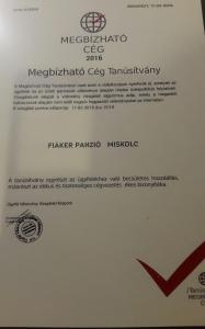 Certifikát, hodnocení, plakát nebo jiný dokument vystavený v ubytování Fiáker Panzió