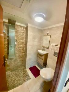 Oulad AkkouにあるRare, duplex 3 chambres, proche du centreのトイレ、洗面台、シャワー付きのバスルーム