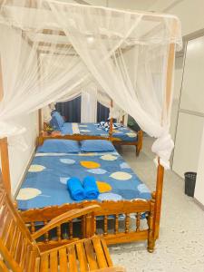 Une chambre avec deux lits aux oreillers bleus et un baldaquin dans l'établissement Kawi Holiday Home, à Batigama