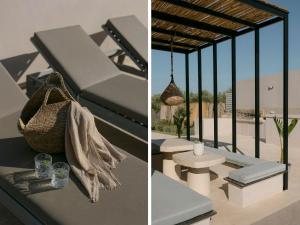 two pictures of a patio with a table and a basket at Unlimited Terra Villas, Charming Nature Escapes, By ThinkVilla in Hersonissos