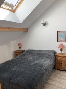 a bedroom with a bed and two night stands at T2 avec vue sur les montagnes et wifi in Le Lioran