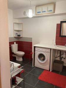 a bathroom with a washing machine and a toilet at T2 avec vue sur les montagnes et wifi in Le Lioran