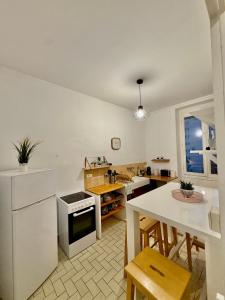 维勒班Le cosy Flachet的配有桌子和炉灶的厨房 顶部烤箱