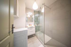 ミュルーズにあるMagnifique Logement bord du canal terrasse Parkのガラスのシャワーと洗面台を備えたバスルーム +15枚の写真