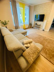 ein Wohnzimmer mit Sofa und Fernseher in der Unterkunft Schöne 2 Zimmer Wohnung Apartment Holzappel Herthasee Ferienwohnung in Holzappel