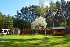 a yard with a playground and a wooden fence at Domek Sosenka Roztocze Hutki in Krasnobród
