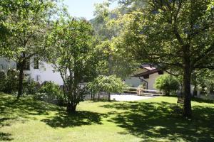 a green yard with trees and a building at Ruhige Wohnung Im Ortszentrum in Sankt Gallenkirch +17 photos
