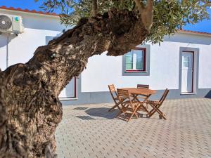 une table et des chaises à côté d'un arbre dans l'établissement Recanto do Ti Ze II, à Aldeia do Mato