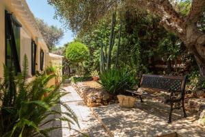 a bench sitting under a tree in a garden at Villa Mari - con piscina privada y jardin en Calan Porter in Cala en Porter