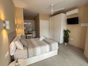 a bedroom with a bed and a table and a tv at Carihuela Beach Apartamentos in Torremolinos