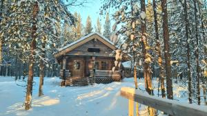 a log cabin in the woods in the snow at Luonto, das Blockhaus in Inari