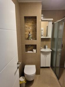 un baño con inodoro y lavabo en Apartman Barok, en Banja Luka