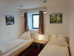 ein Zimmer mit zwei Betten und einem Fenster in der Unterkunft Ruhig am Waldrand gelegene Wohneinheit in Innsbruck + 10 Fotos