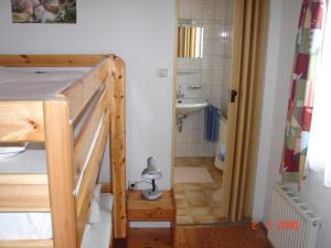 ein Schlafzimmer mit einem Etagenbett und ein Badezimmer in der Unterkunft Gruppenhaus Hirzhof in Auberg
