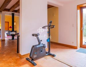 ein Heimtrainer in einem Zimmer mit Wohnzimmer in der Unterkunft Bulle de calme bucolique - jardin & piscine privée in Fercé-sur-Sarthe