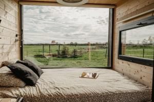 a bed in a room with a large window at Homnest - Loge insolite au coeur d'un ranch - Balade à cheval in Espinasse-Vozelle +46 photos