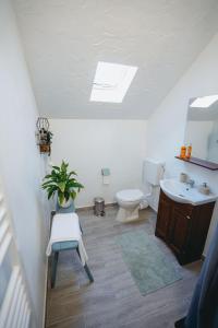 a bathroom with a toilet and a sink at Prispa Casei in Floreşti