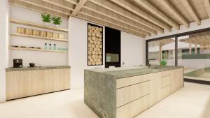 a kitchen with wooden cabinets and a large window at OakstoneLodge- Gite avec Jacuzzi Piscine et Sauna in Houyet