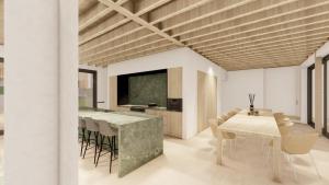 a living room with a dining table and a television at OakstoneLodge- Gite avec Jacuzzi Piscine et Sauna in Houyet +18 photos