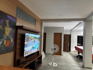 un salon avec une télévision à écran plat et un ventilateur dans l'établissement Crane Island Seafront Villa,  40 autres photos