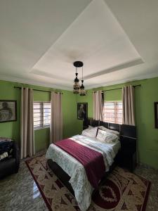 a bedroom with a bed with green walls and windows at Exotic Modern 2BR Apartment in Independence Layout in Enugu