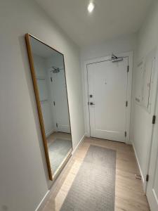 a mirror on a wall in a room with a door at Bright warm & spacious 1 BR in North End Halifax in Halifax