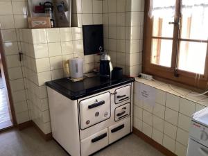 una cocina con una estufa blanca y una licuadora encima. en Mannried 2 1 2 Zimmerwohnung Rustikal, en Zweisimmen 6 fotos más