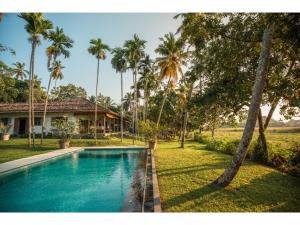 a swimming pool in front of a house with palm trees at Dutch house 5 bedrms pool chef in Habaraduwa Central