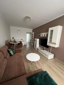 a living room with a couch and a table at Apartament Zacisze in Kalisz